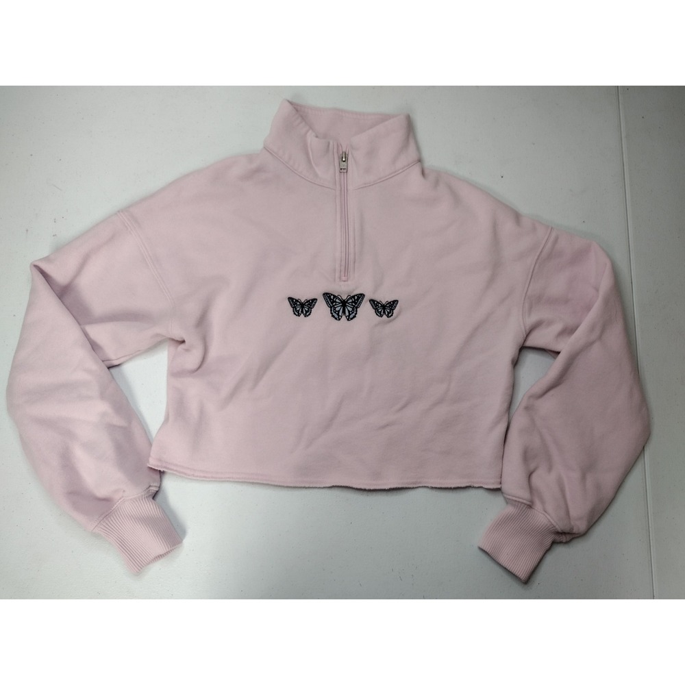 Hollister Womens Pink Butterfly Embroidered Quarter Zip Cropped Sweatshirt XS